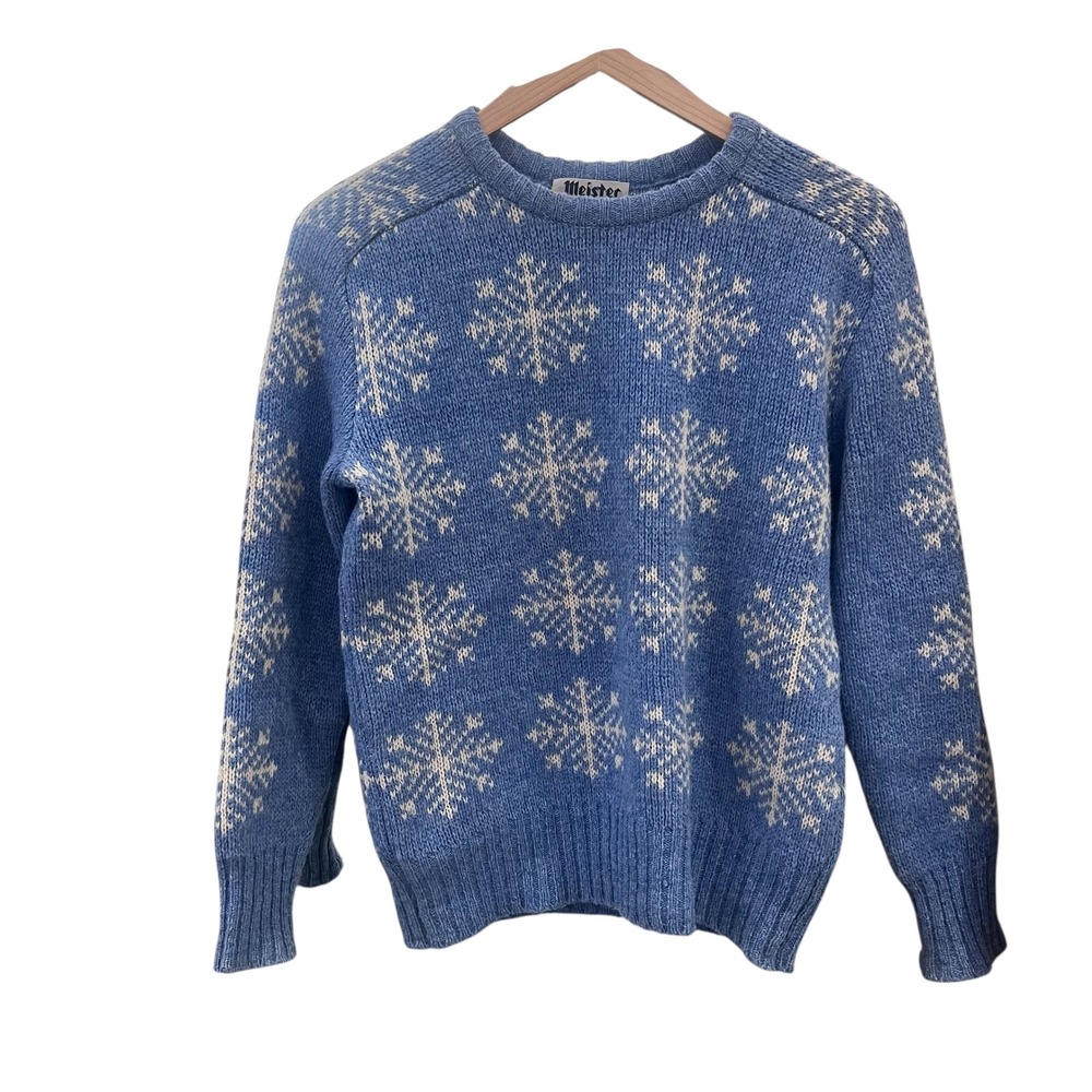 Vintage Meister Wool Snowflake Sweater‎ Blue White Crew Neck Ski Winter Mens